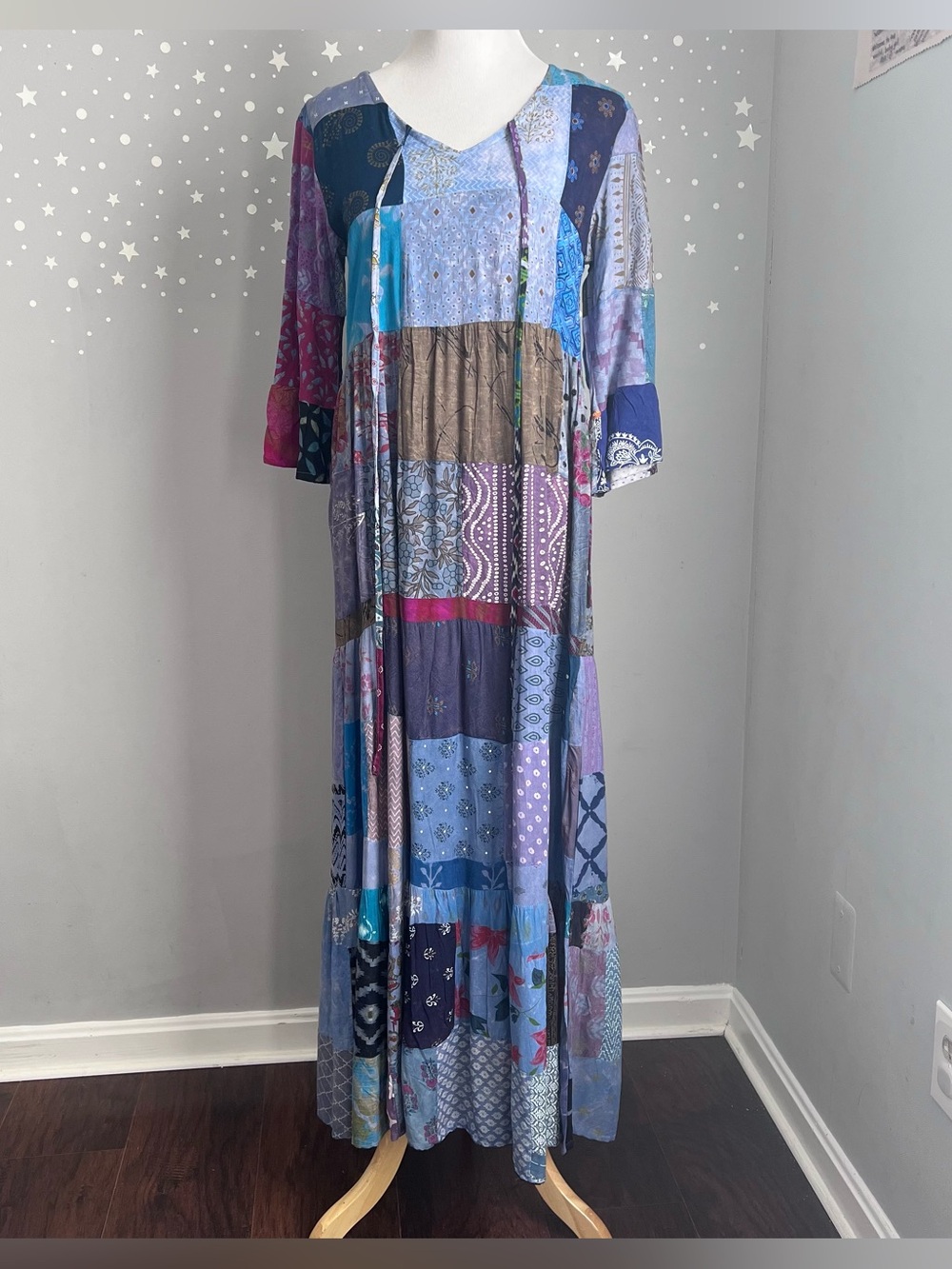 Earthbound Trading Patchwork Maxi Dress Blue Boho Bell Sleeve Tiered S